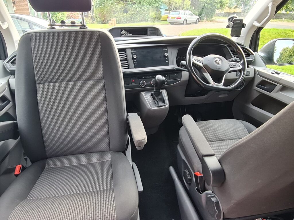 VW Transporter cab with dashboard, steering wheel and fabric captain seats